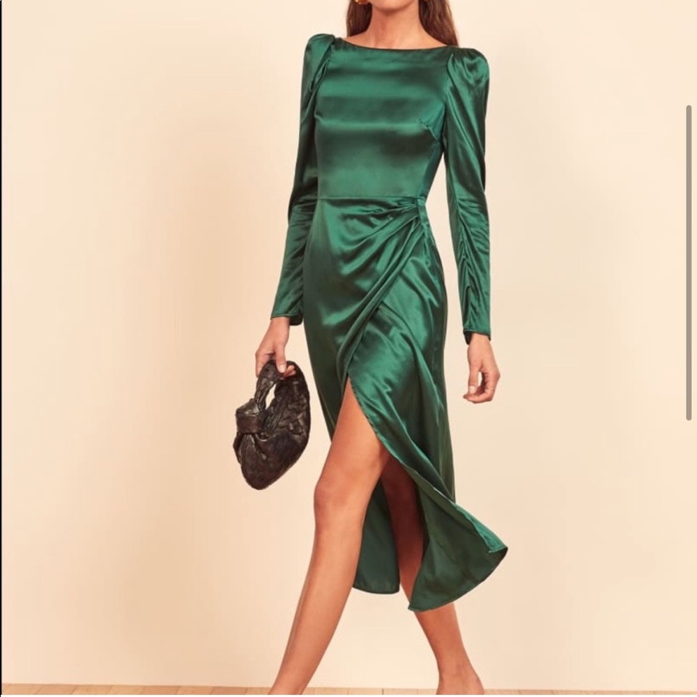 NEW Reformation Cameron Emerald Green 100% Silk Front Slit Midi Dress